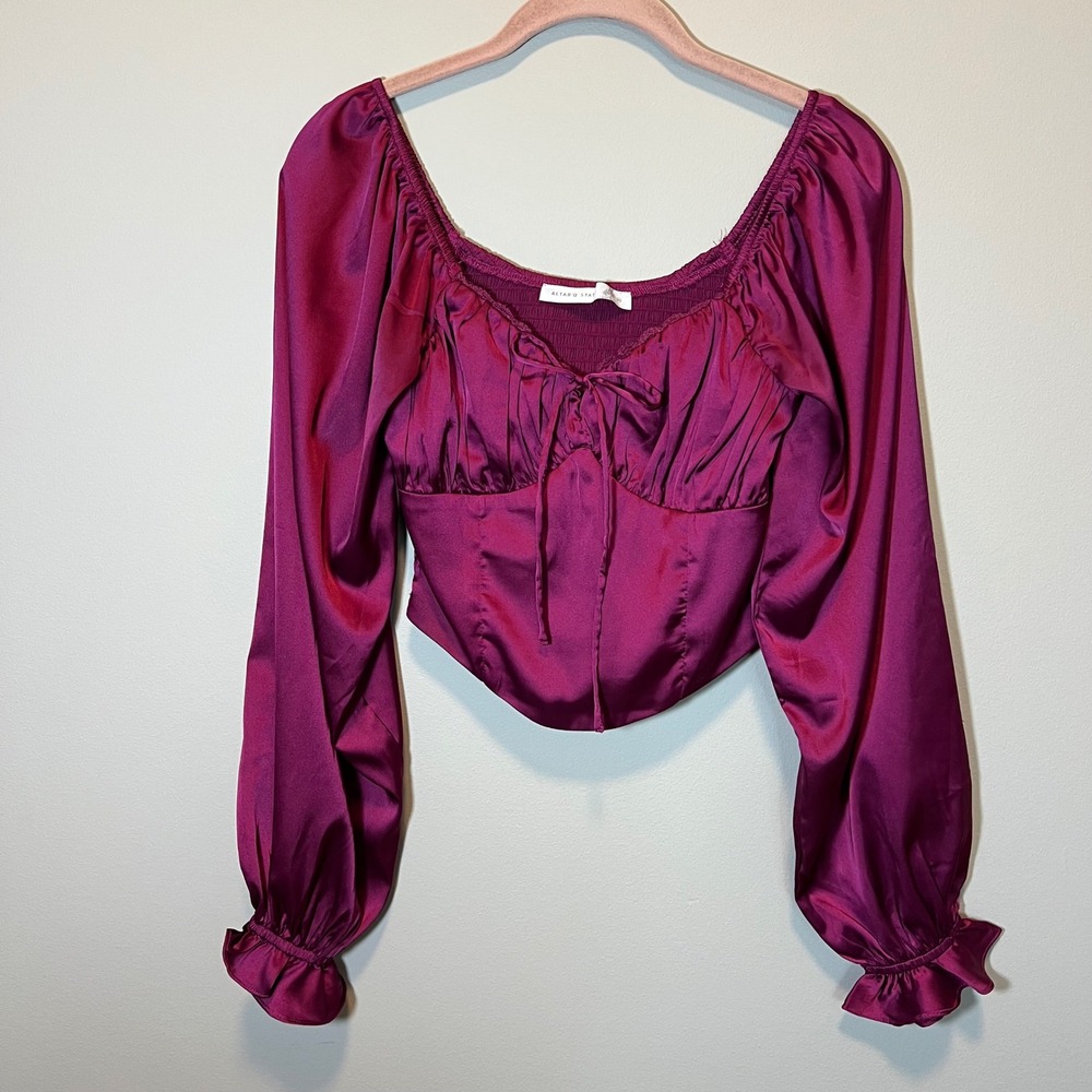 Altar'd State Satin Corset Top Crush Berry Smocked Balloon Sleeve XS Babydoll